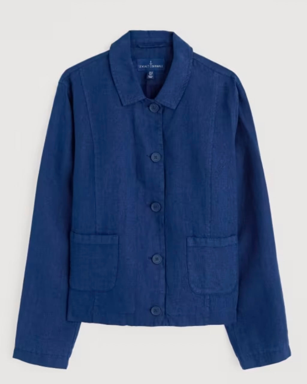 Blue jacket with button details on a light gray background