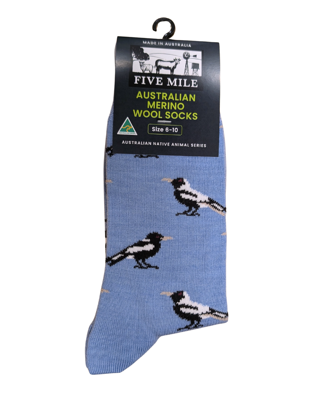A single packaged wool sock from Five Mile Socks, featuring a light blue base with black and white merino bird illustrations. The black cardboard header is labeled 'FIVE MILE AUSTRALIAN MERINO WOOL SOCKS' and includes a size 6-10 indicator.