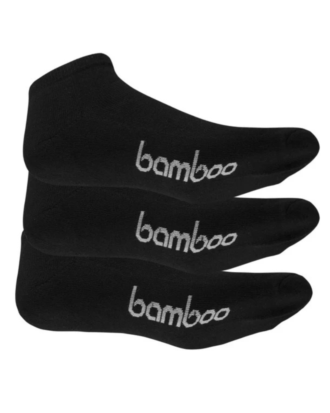 Three black low-cut bamboo socks stacked vertically, each printed with the word 'bamboo' in white script, on a plain white background.