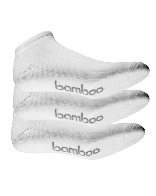 Three white low-cut bamboo socks stacked diagonally, each printed with the word 'bamboo' in gray near the toe, on a plain white background.