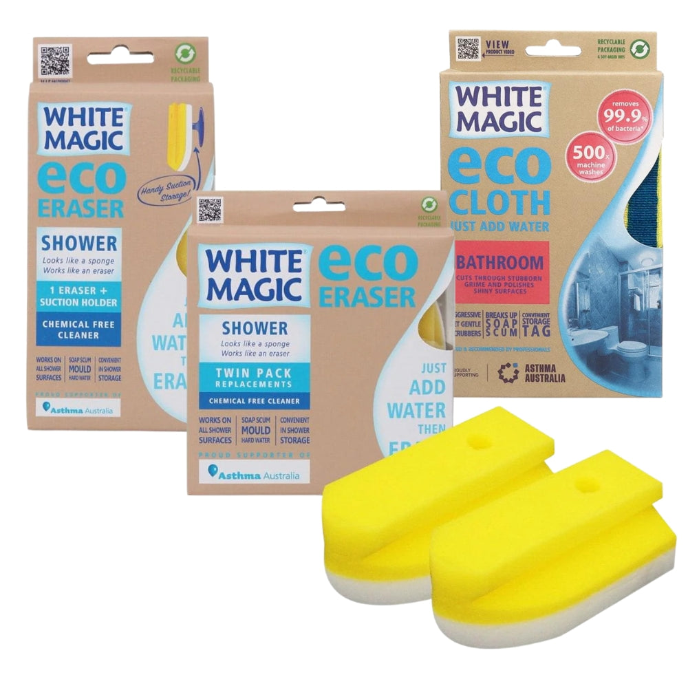 White Magic eco cleaning products including erasers and a cloth on a white background
