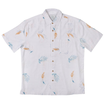 Mens white bamboo shirt with feather design flat lay on white background. Breathable, sustainable, comfy mens short sleeve button up shirt