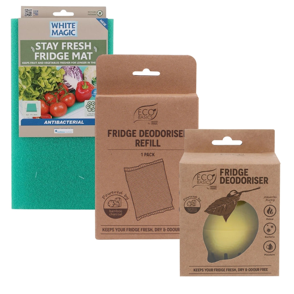 Three packaging boxes for fridge products including a stay fresh fridge mat and deodorisers on a white background.