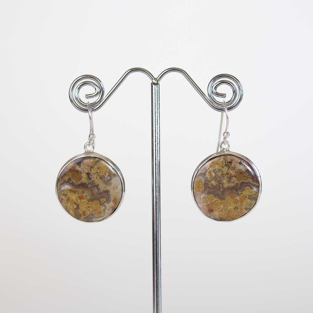 Crazy Lace Agate Silver Round Earrings