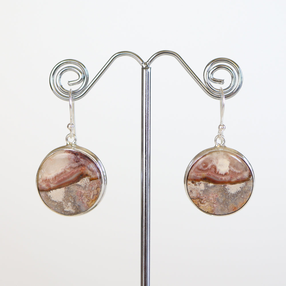 Crazy Lace Agate Silver Round Earrings
