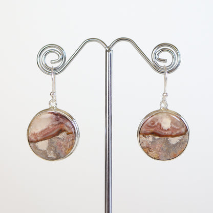 Crazy Lace Agate Silver Round Earrings