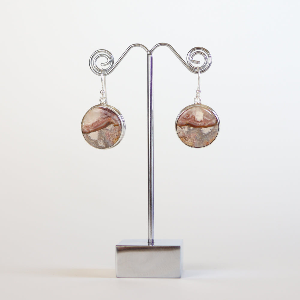 Crazy Lace Agate Silver Round Earrings
