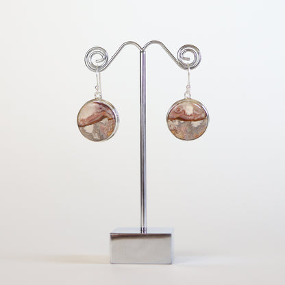 Crazy Lace Agate Silver Round Earrings