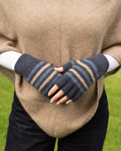 Glove Fingerless Possum Merino Stripe Denim