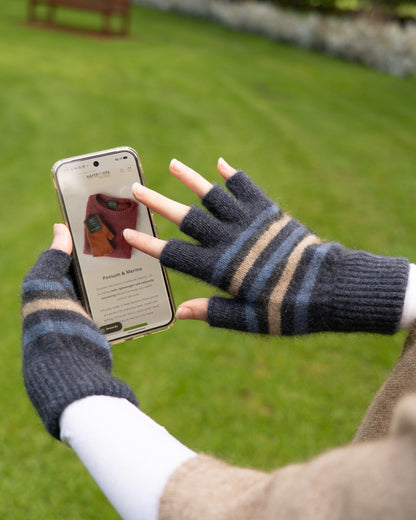 Glove Fingerless Possum Merino Stripe Denim