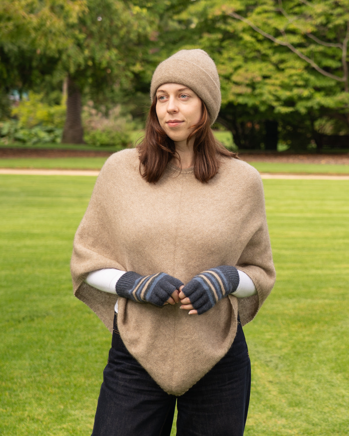 Glove Fingerless Possum Merino Stripe Denim