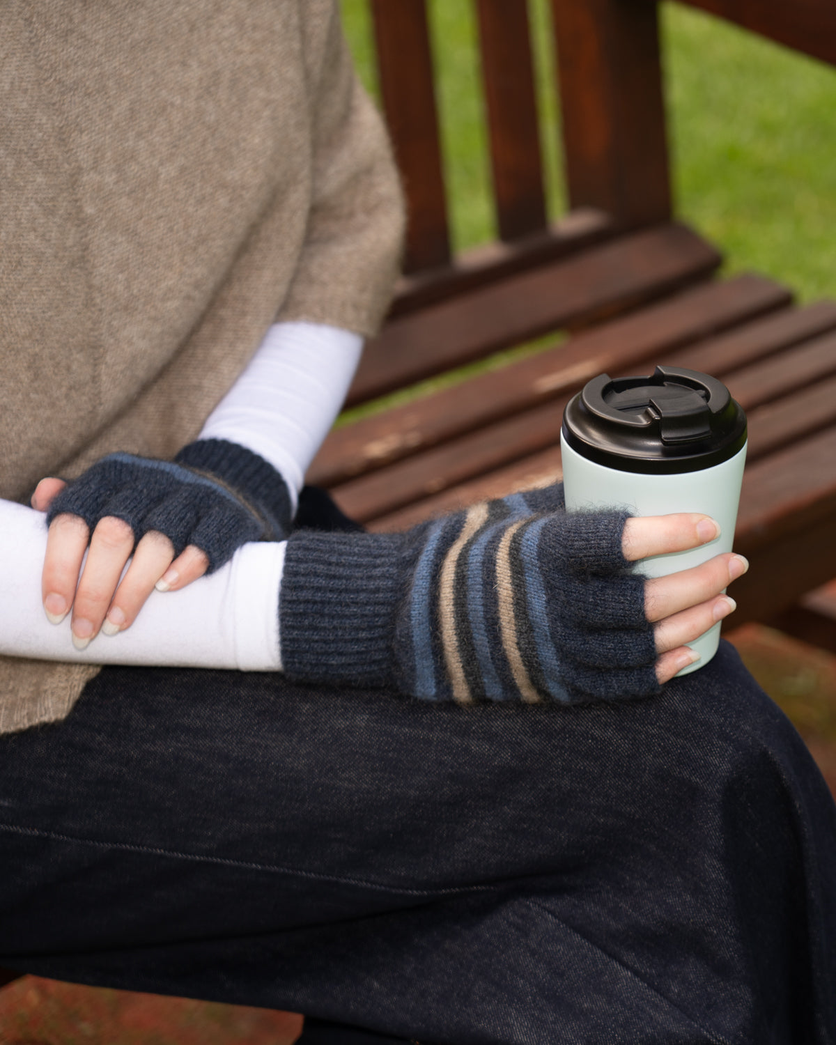 Glove Fingerless Possum Merino Stripe Denim