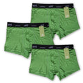 Mens boxer underwear. Green boxers with black band on a white background in a 3 pack.