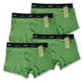 Mens underwear 4 pack. Green bamboo boxers with black band laid out on white background.