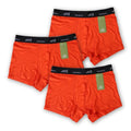 Mens underwear orange boxers with black band 3 pack laid out on white background