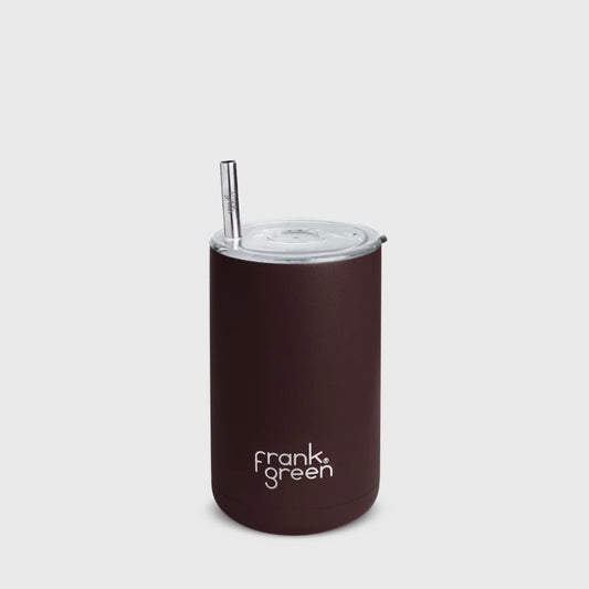 Brown reusable cup with straw and lid on a light gray background, featuring the brand 'frank green'.