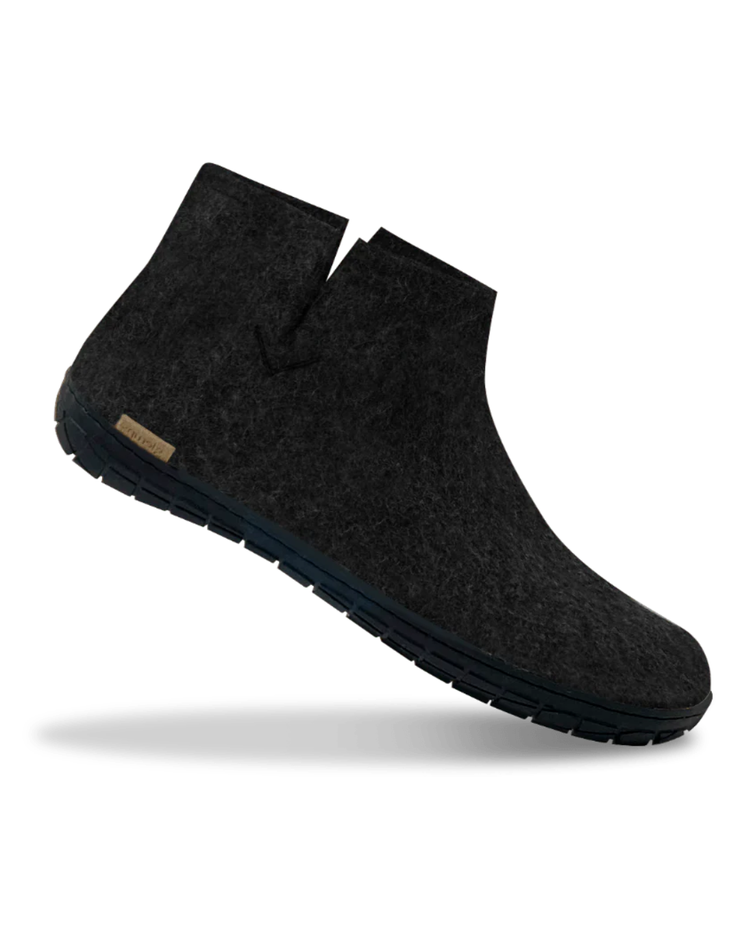 A single black wool felt ankle boot with a textured wool-like finish, and a dark sole, shown floating against a white background with a soft shadow.