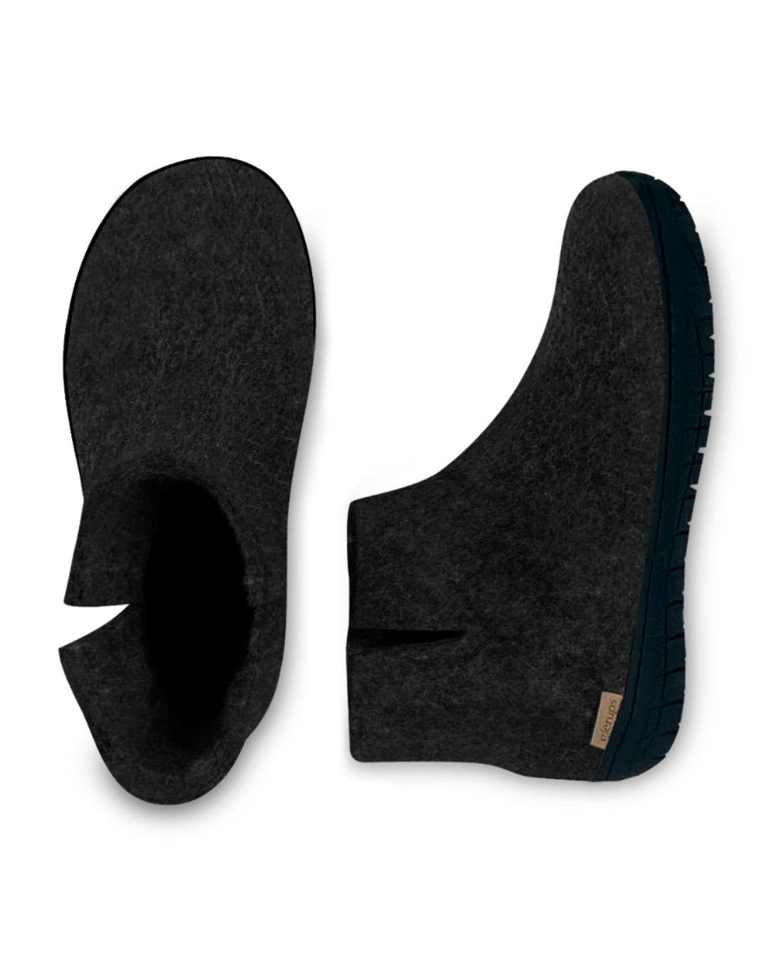 A pair of dark charcoal gray wool felt slip-on slippers shown from the top and side views against a plain white background.