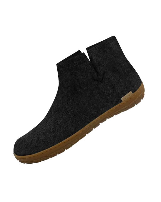 A single black wool felt ankle boot with a brown rubber sole, shown from a side profile on a solid white background.