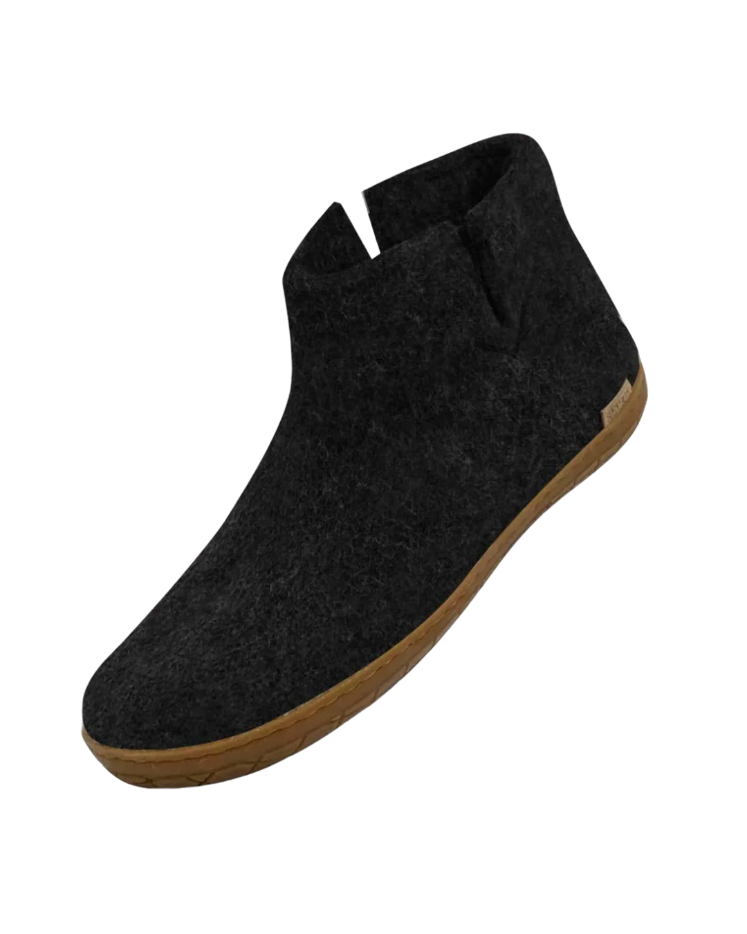 A single black wool felt ankle boot with a brown rubber sole, shown from a three-quarters perspective on a plain white background.