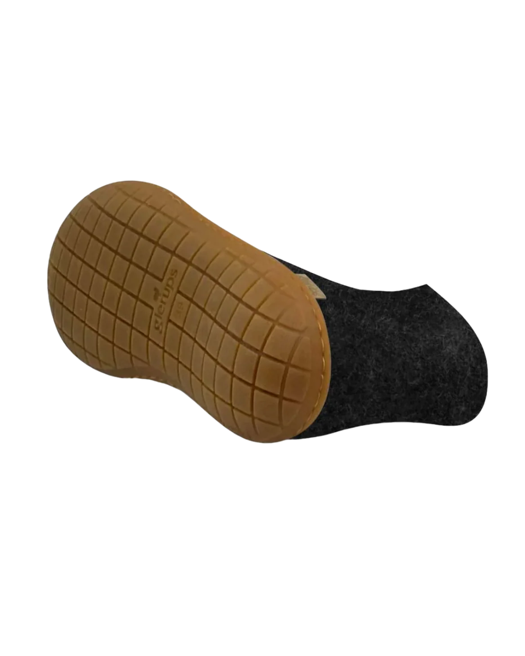 A single slipper shown from the bottle, featuring a textured tan rubber sole and a black wool felt upper, isolated on a white background.