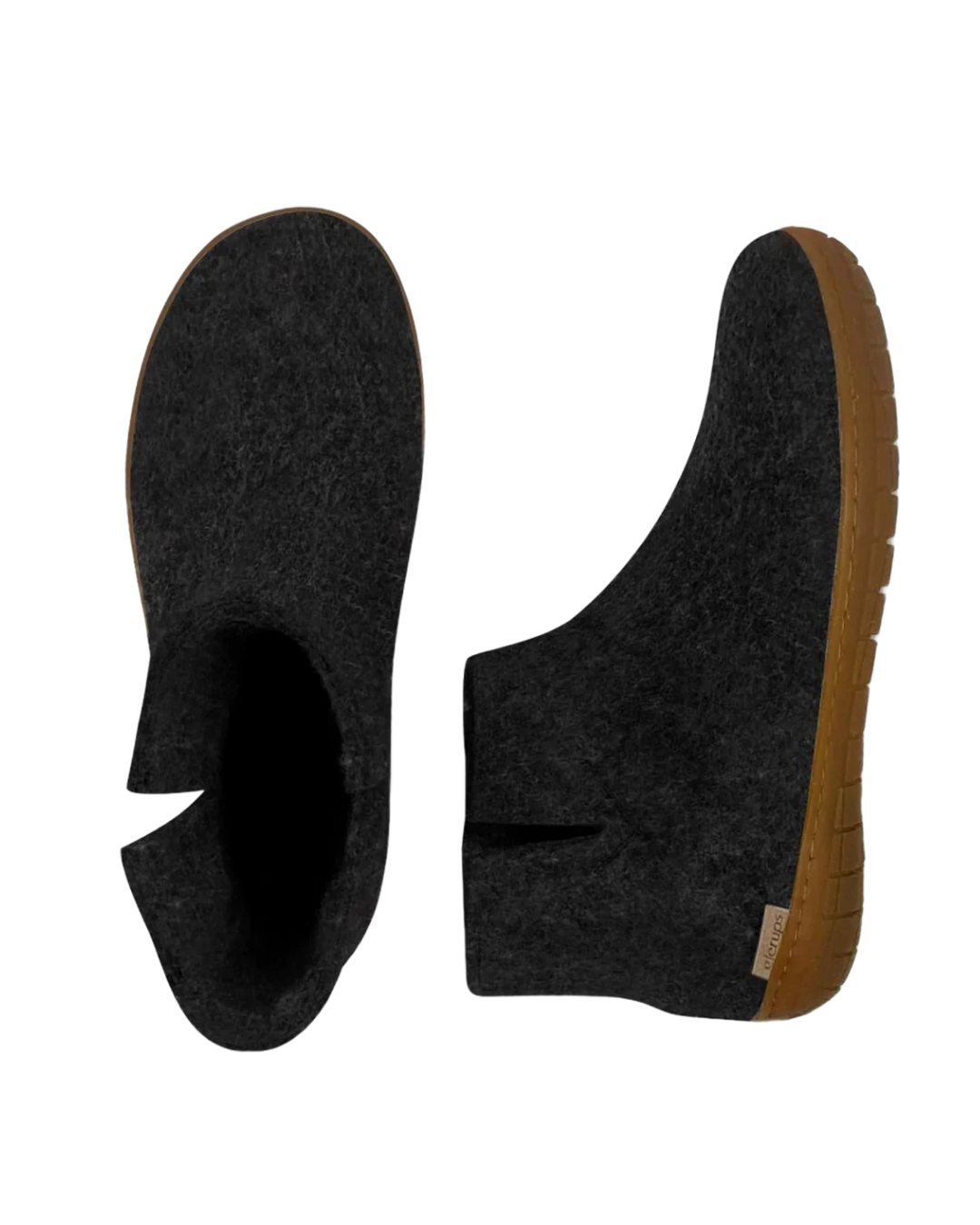 A pair of dark charcoal gray wool felt slip-on slippers shown from two angles: a top-down view on the left and a side profile view on the right, featuring a brown rubber sole.