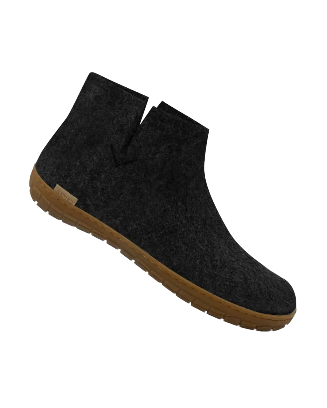 Black wool felt ankle boots with brown rubber sole on a white background
