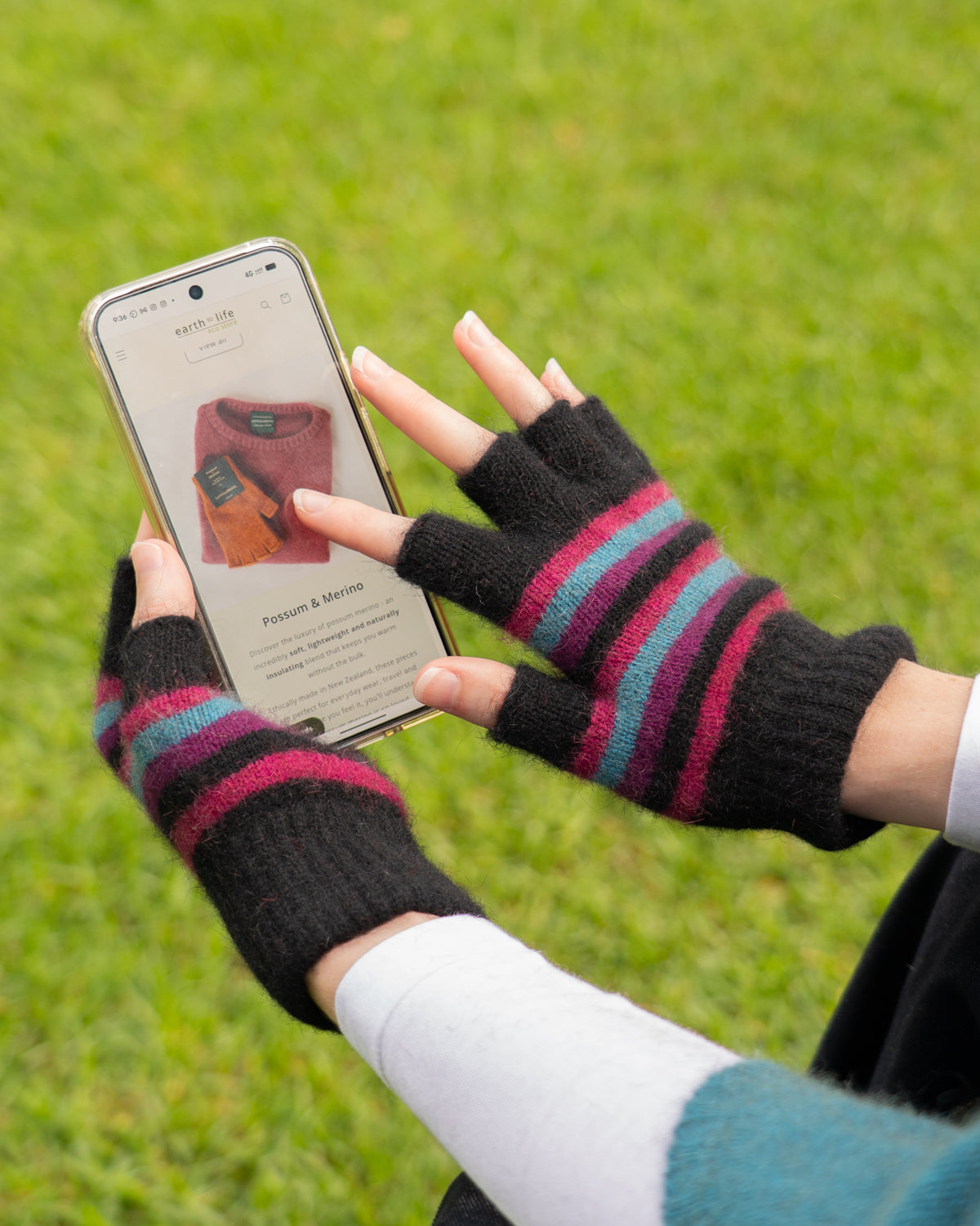Glove Fingerless Possum Merino Stripe Jewel
