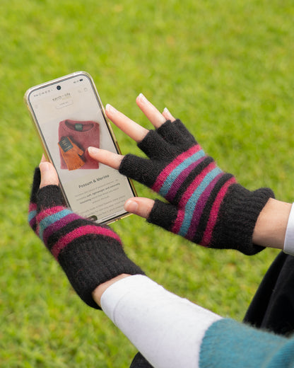 Glove Fingerless Possum Merino Stripe Jewel