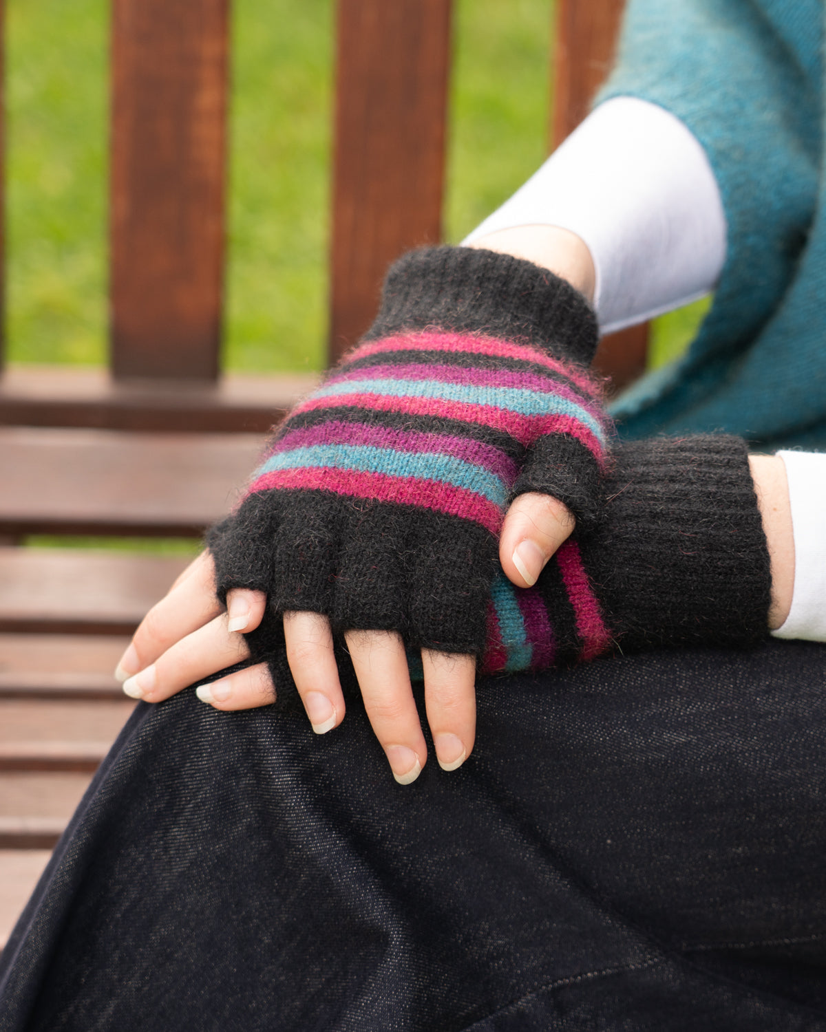 Glove Fingerless Possum Merino Stripe Jewel