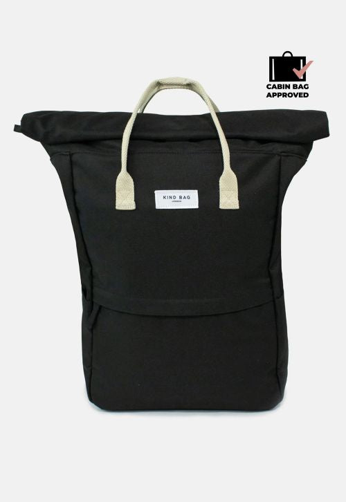 Black backpack with beige handles on a white background