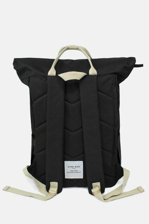 Black backpack with beige straps on a white background