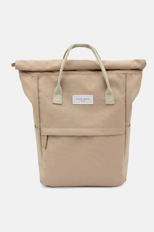 Beige backpack with Kind Bag label on a white background