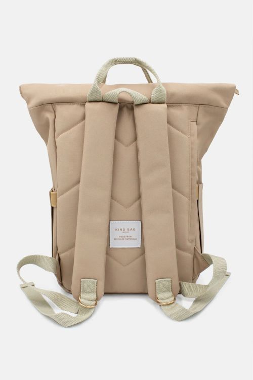 Beige backpack with Kind Bag label on a white background