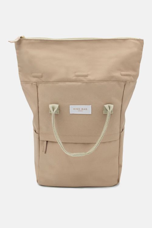 Beige backpack with Kind Bag label on a white background