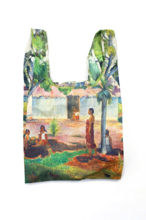 Reusable bag with a painting design of people in a tropical setting