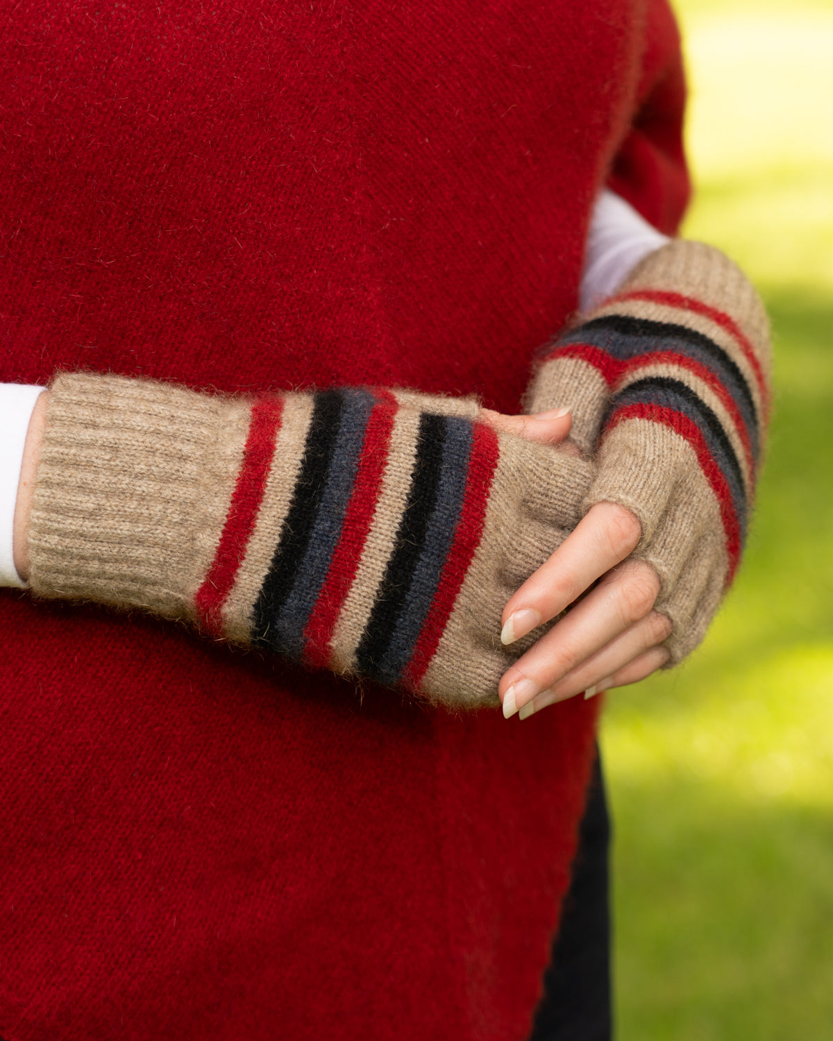 Glove Fingerless Possum Merino Stripe Natural
