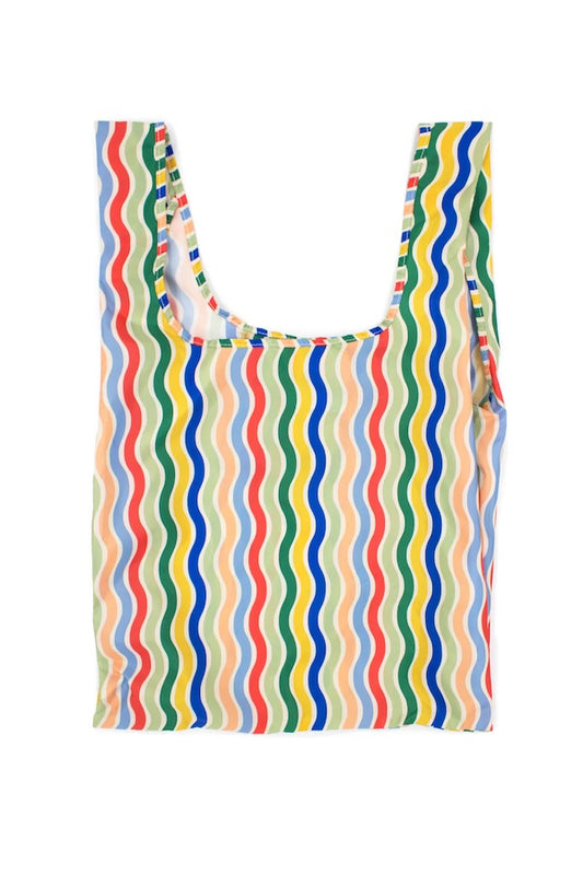 Rainbow coloured Kind Bag reusable bag on white background. Bag made from 100% recycled materials, it is lightweight, can carry up to 20kg. Comes with built-in pouch to fold bag into. Reusable bag for shopping