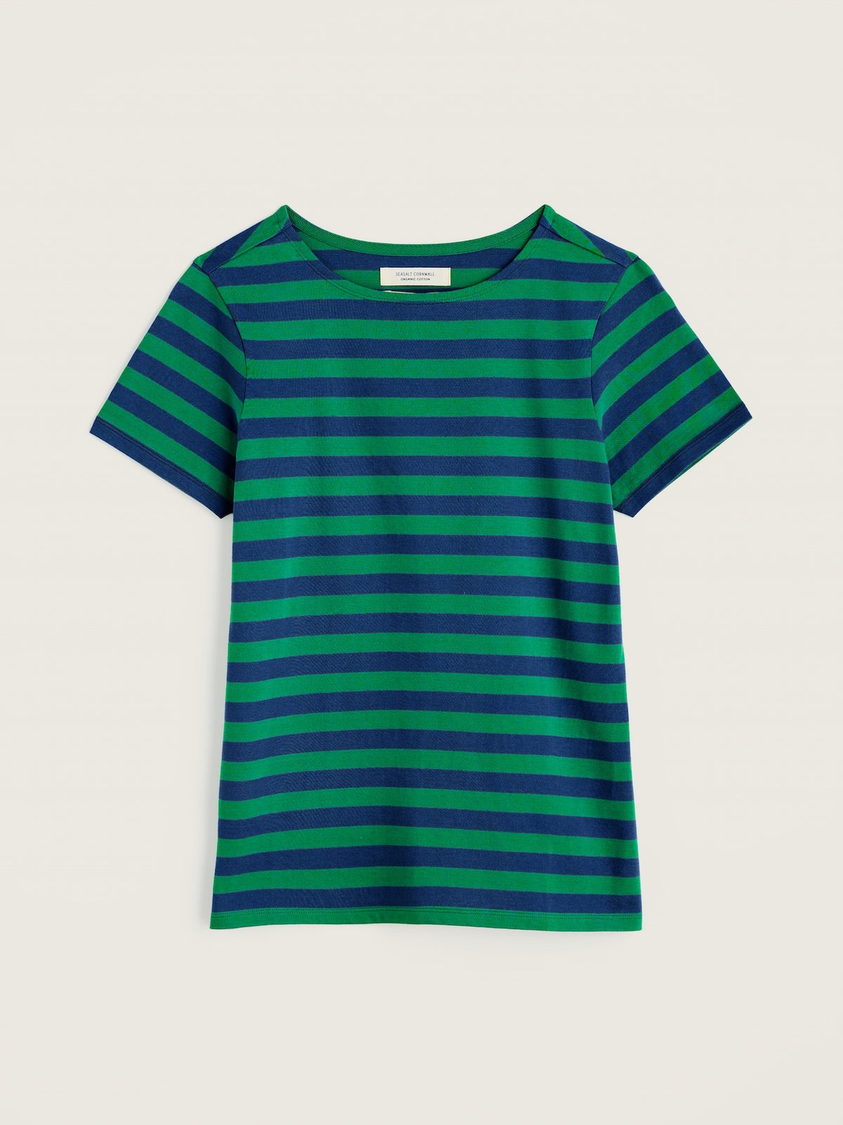 A short-sleeve crewneck sailor t-shirt with horizontal stripes in green and navy blue, displayed flat against a light beige background.