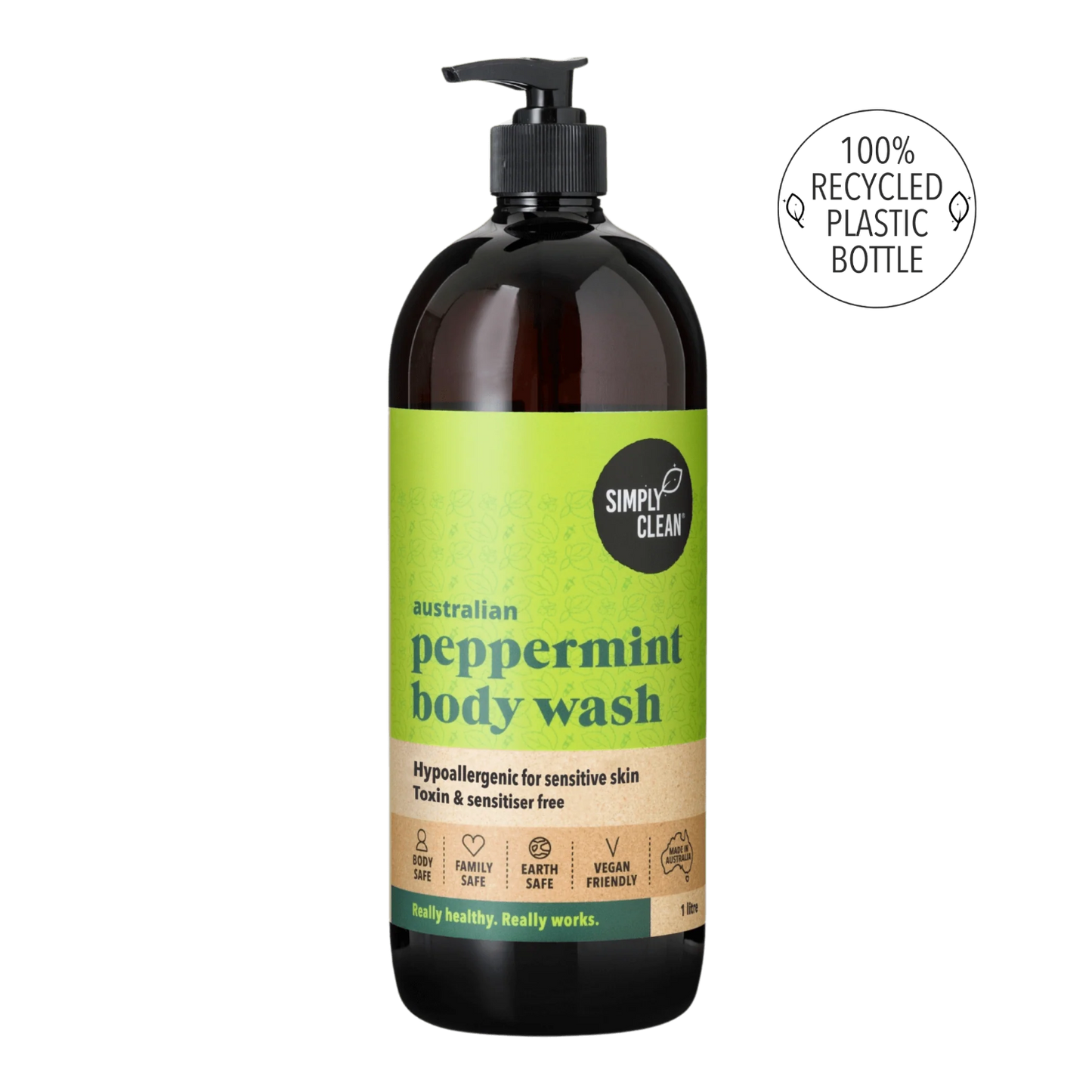 Peppermint body wash bottle with green label on a white background