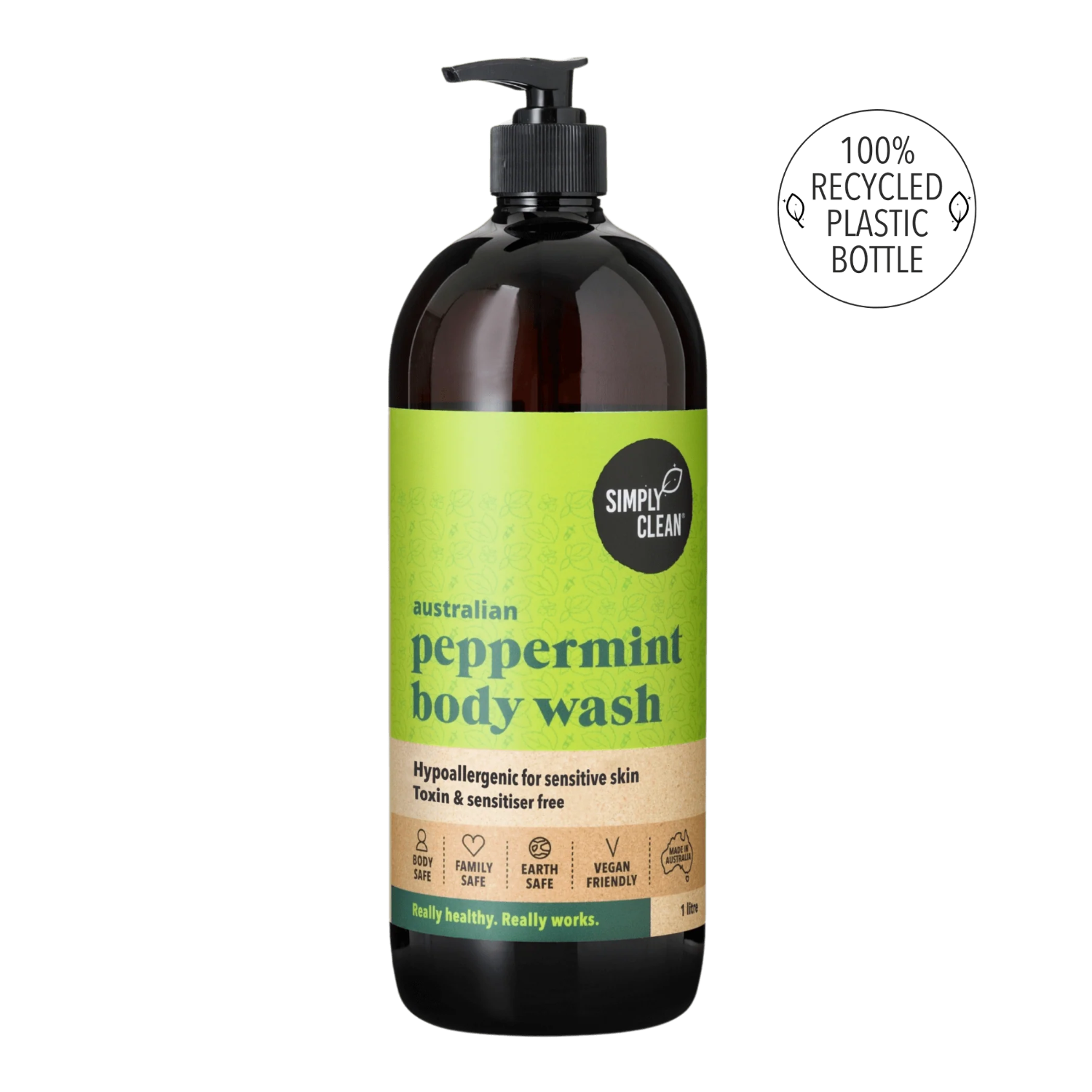 Peppermint body wash bottle with green label on a white background
