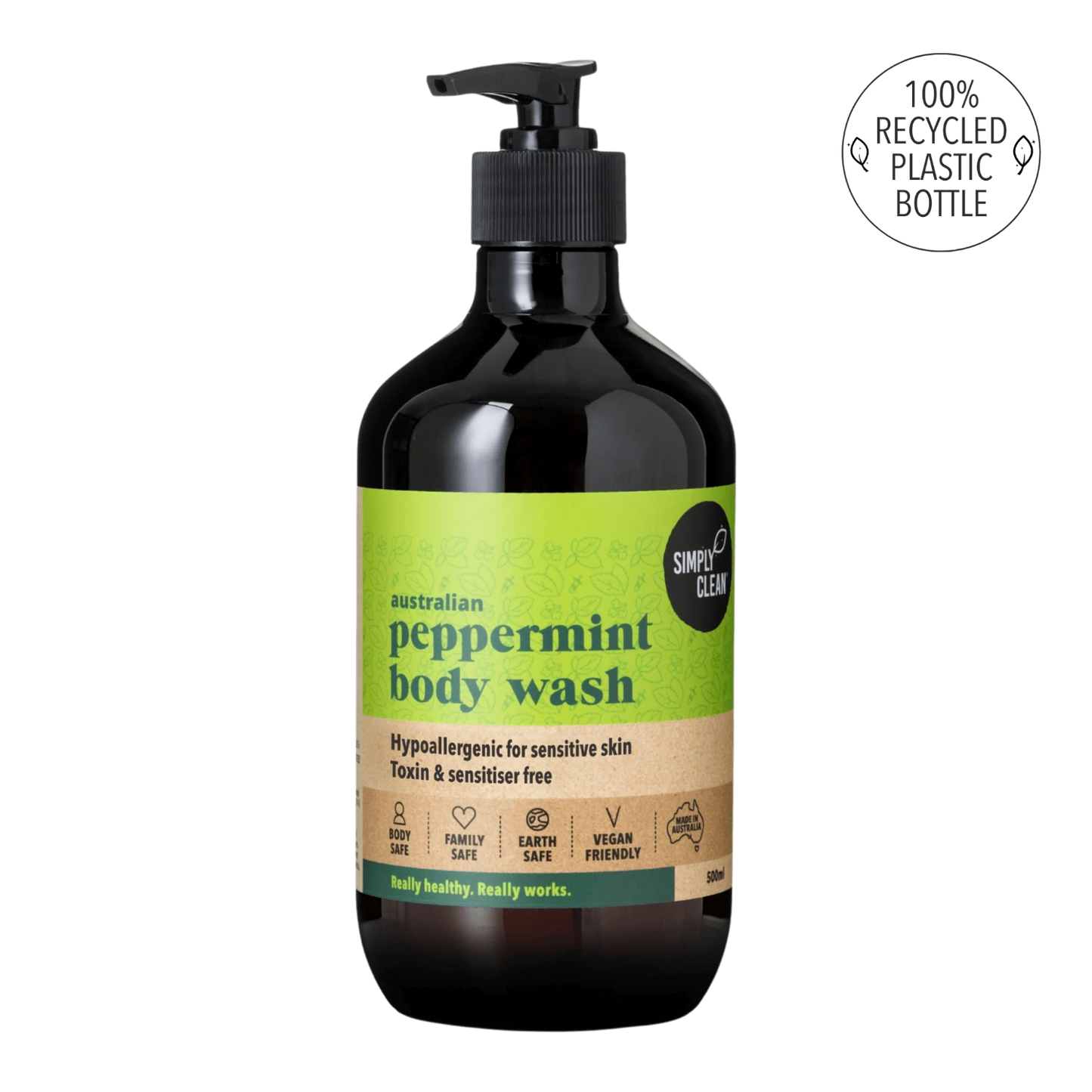 Peppermint body wash bottle with green label on a white background