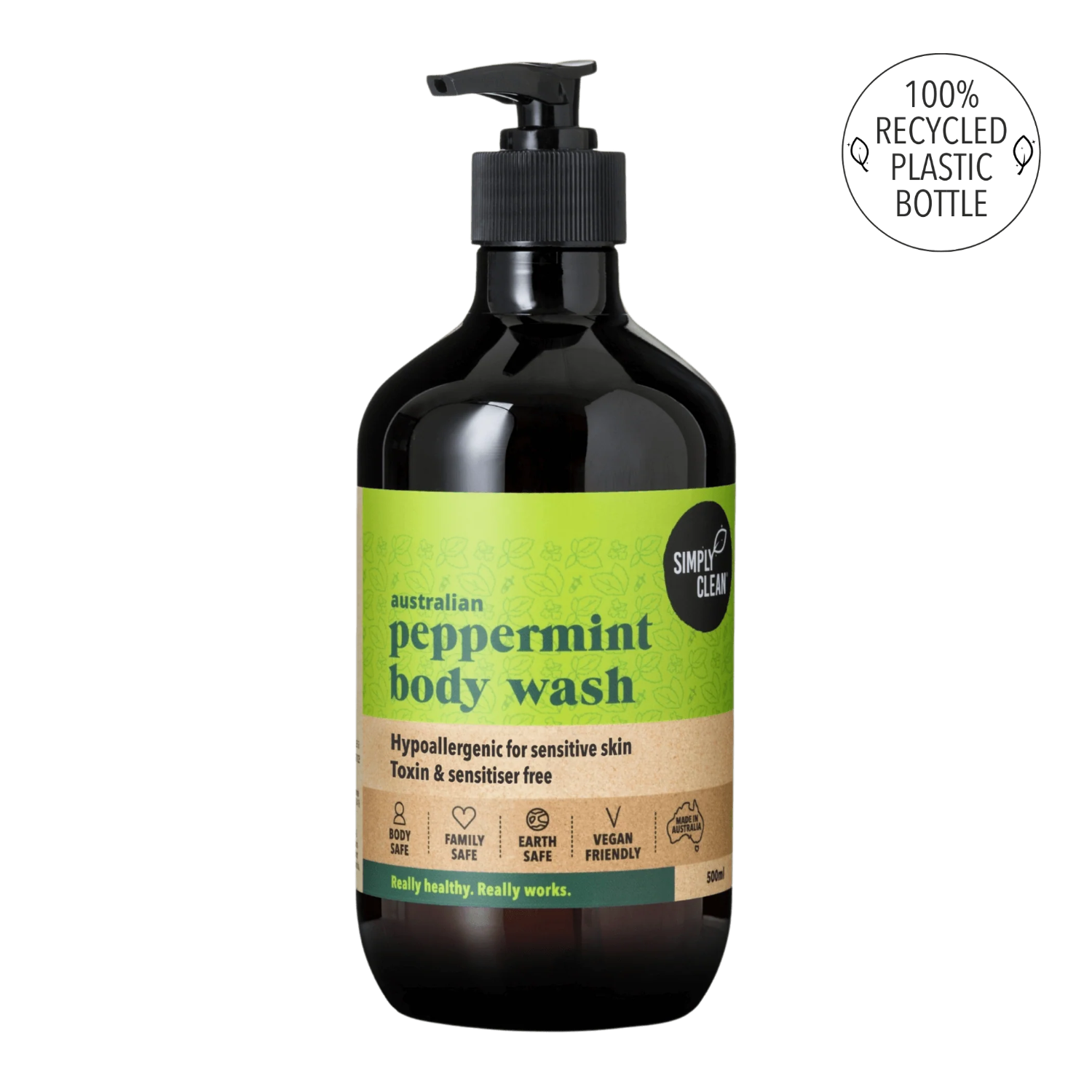 Peppermint body wash bottle with green label on a white background