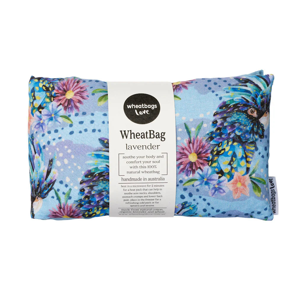 Wheat bag with floral and parrot design packaging on a white background