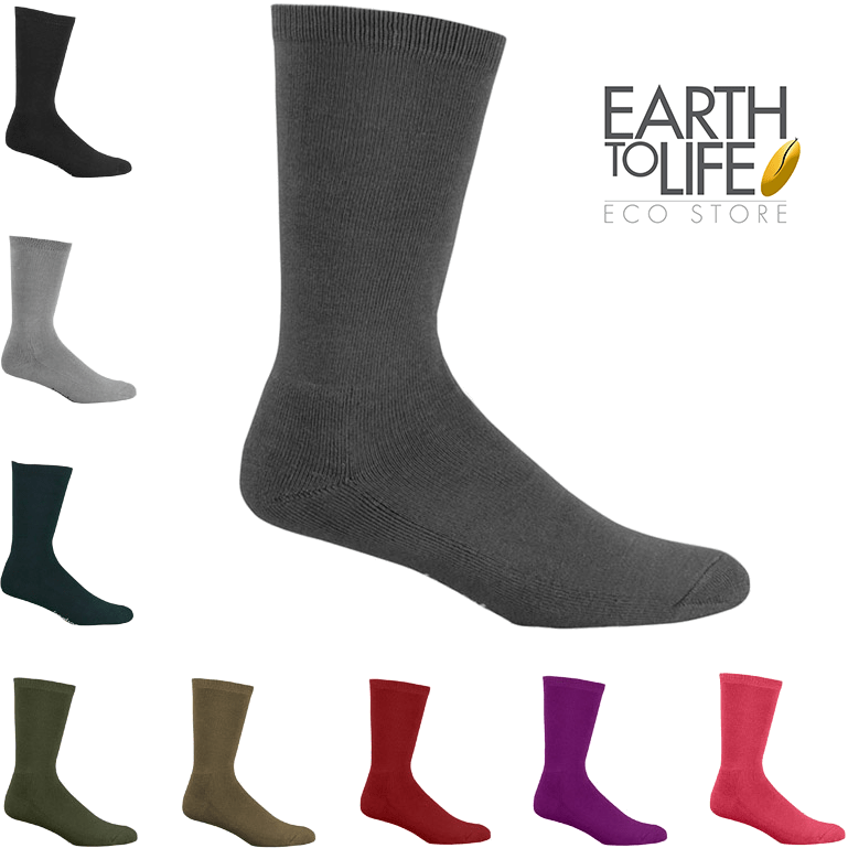 Image shows one large grey bamboo business sock surrounded by smaller images of bamboo business socks in various colours. The Earth to Life Eco Store logo is in the top right of the image. 
