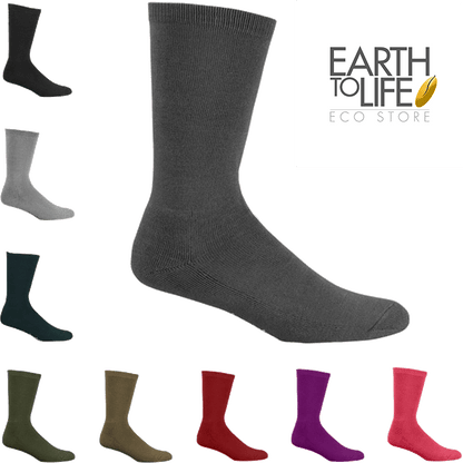 Image shows one large grey bamboo business sock surrounded by smaller images of bamboo business socks in various colours. The Earth to Life Eco Store logo is in the top right of the image. 