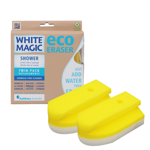 Two yellow shower eraser replacements next to their packaging, which has 'White Magic' and 'Eco Eraser' written on it.