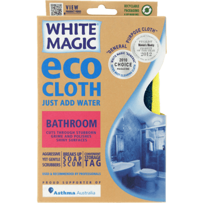 Packaging of White Magic eco cloth for bathroom cleaning, showing the product and an image of a clean bathroom