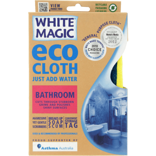 Packaging of White Magic eco cloth for bathroom cleaning, showing the product and an image of a clean bathroom